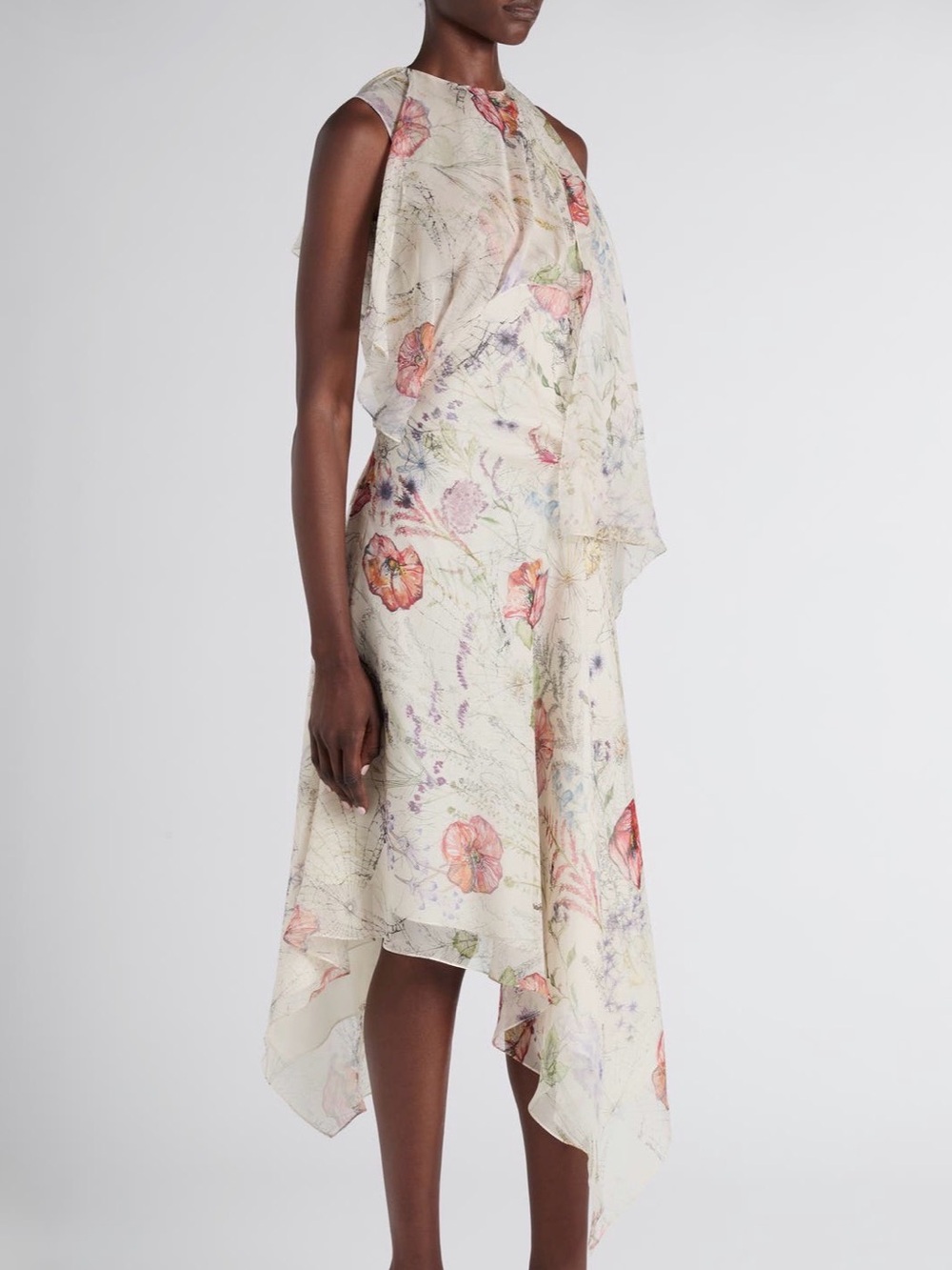 Alexander McQueen Meadows Floral Print Cream Floral Asymmetrical Midi Dress